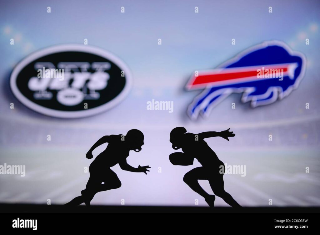 new-york-jets-vs-buffalo-bills-nfl-match-poster-two-american-football-players-silhouette-facing-each-other-on-the-field-clubs-logo-in-background-2C6CG3W